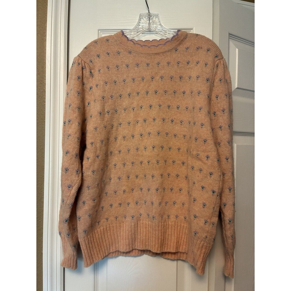 Northern Isles Women’s Wool Acrylic Crew Neck Floral Peach Pullover Sweater XL